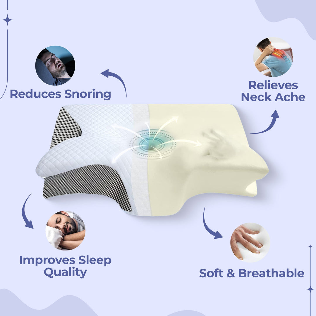 Ergonomic memory foam butterfly pillow for side sleepers; black and grey, unique shape cradles neck, enhances sleep quality.