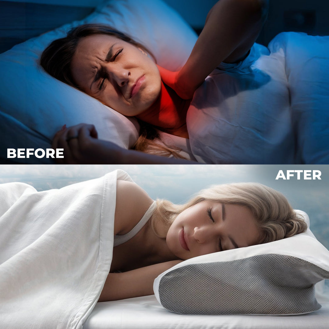 Ergonomic memory foam butterfly pillow for side sleepers; black and grey, unique shape cradles neck, enhances sleep quality.