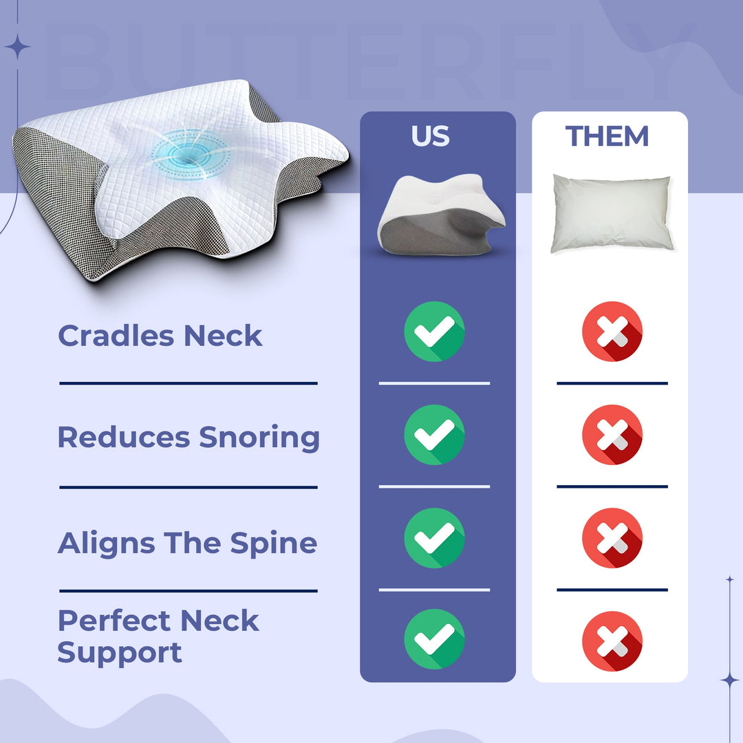 Ergonomic memory foam butterfly pillow for side sleepers; black and grey, unique shape cradles neck, enhances sleep quality.