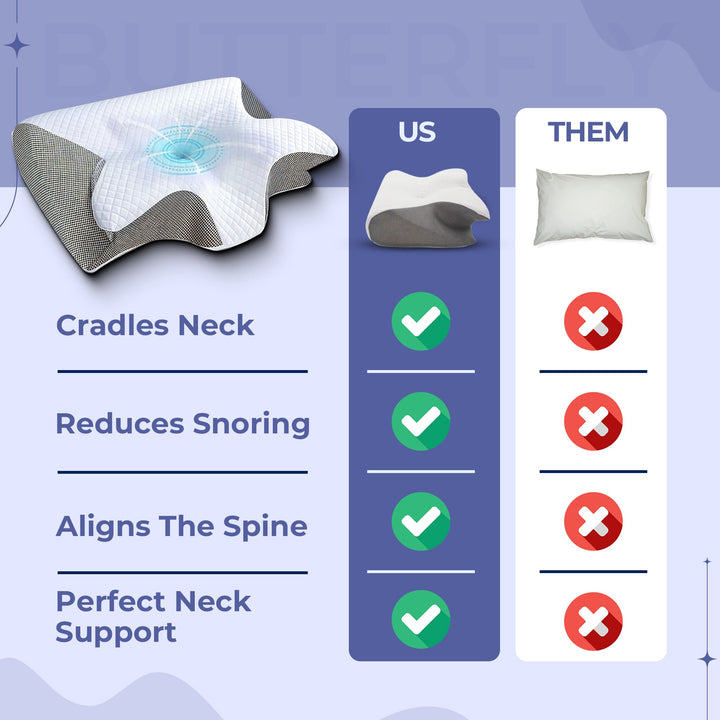 Ergonomic memory foam butterfly pillow for side sleepers; black and grey, unique shape cradles neck, enhances sleep quality.