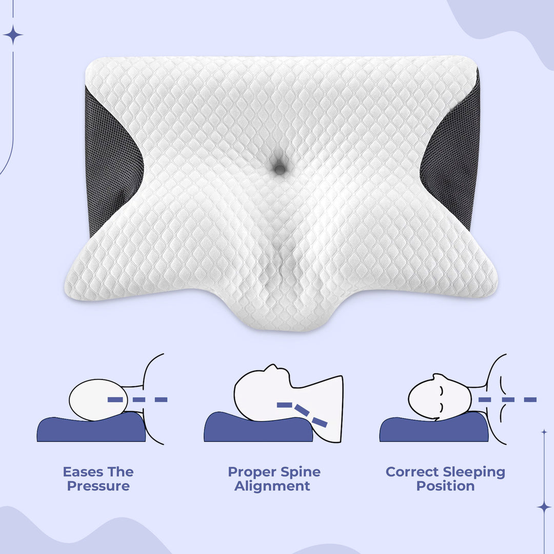 Ergonomic memory foam butterfly pillow for side sleepers; black and grey, unique shape cradles neck, enhances sleep quality.