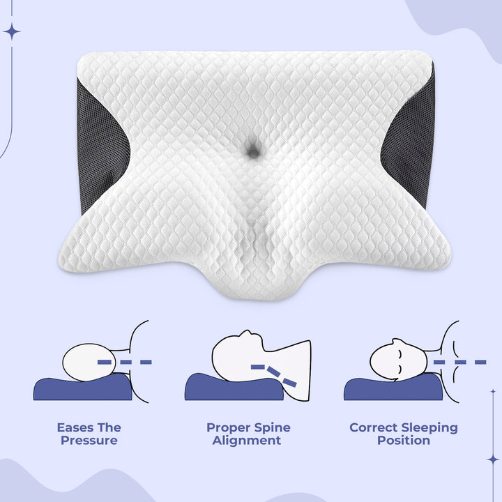 Ergonomic memory foam butterfly pillow for side sleepers; black and grey, unique shape cradles neck, enhances sleep quality.