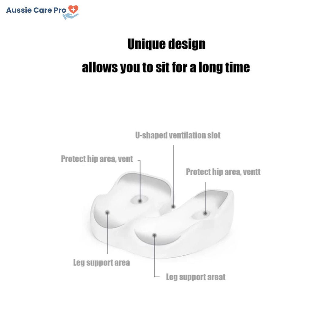 "Ergonomic memory foam sit bone relief cushion for office or car, contoured for tailbone support, adjustable firmness."