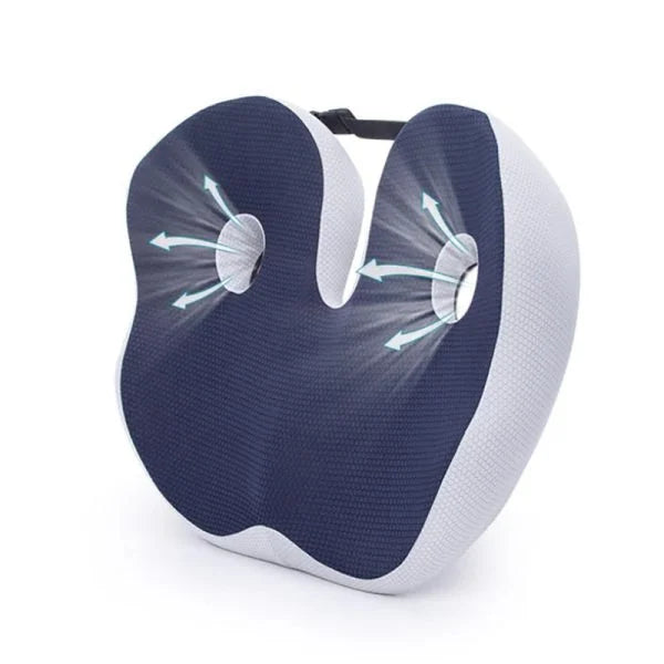"Ergonomic memory foam sit bone relief cushion for office or car, contoured for tailbone support, adjustable firmness."