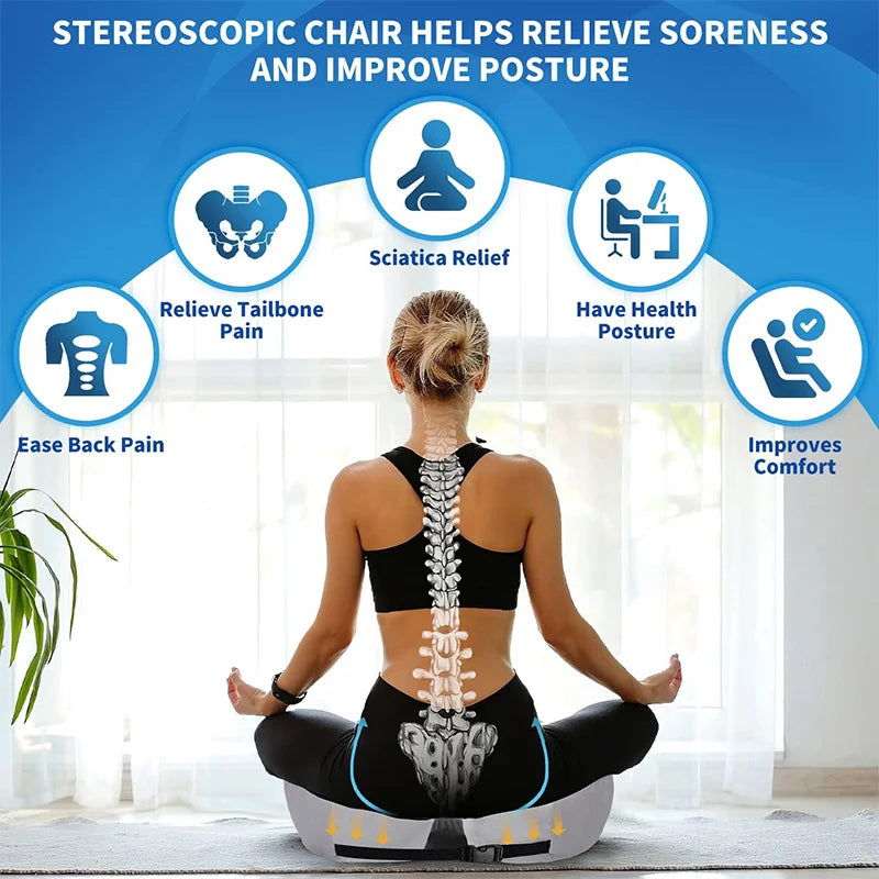 "Ergonomic memory foam sit bone relief cushion for office or car, contoured for tailbone support, adjustable firmness."