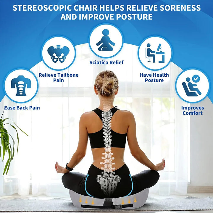 "Ergonomic memory foam sit bone relief cushion for office or car, contoured for tailbone support, adjustable firmness."