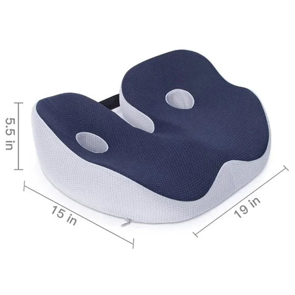 "Ergonomic memory foam sit bone relief cushion for office or car, contoured for tailbone support, adjustable firmness."