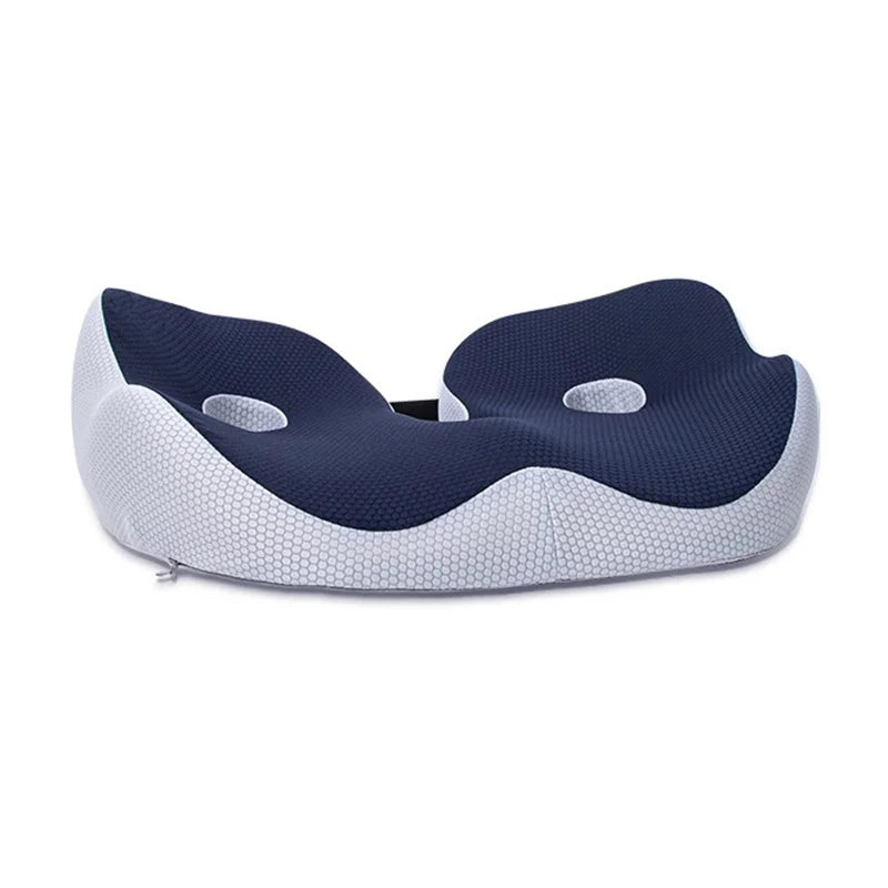 "Ergonomic memory foam sit bone relief cushion for office or car, contoured for tailbone support, adjustable firmness."
