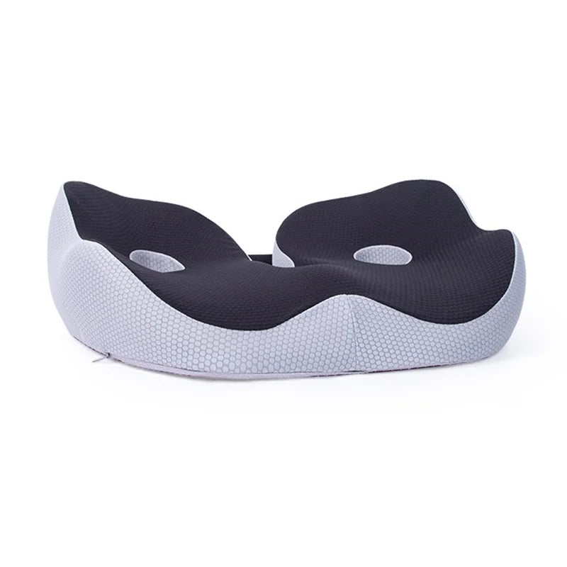 "Ergonomic memory foam sit bone relief cushion for office or car, contoured for tailbone support, adjustable firmness."