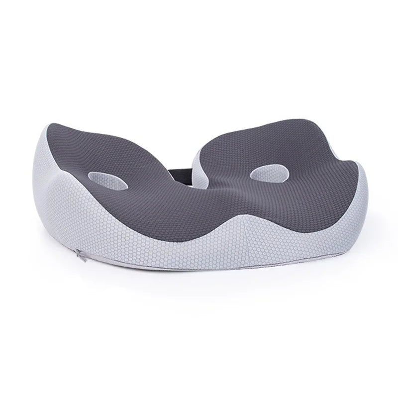 "Ergonomic memory foam sit bone relief cushion for office or car, contoured for tailbone support, adjustable firmness."