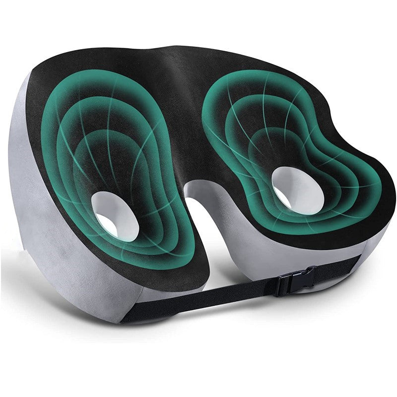 "Ergonomic memory foam sit bone relief cushion for office or car, contoured for tailbone support, adjustable firmness."