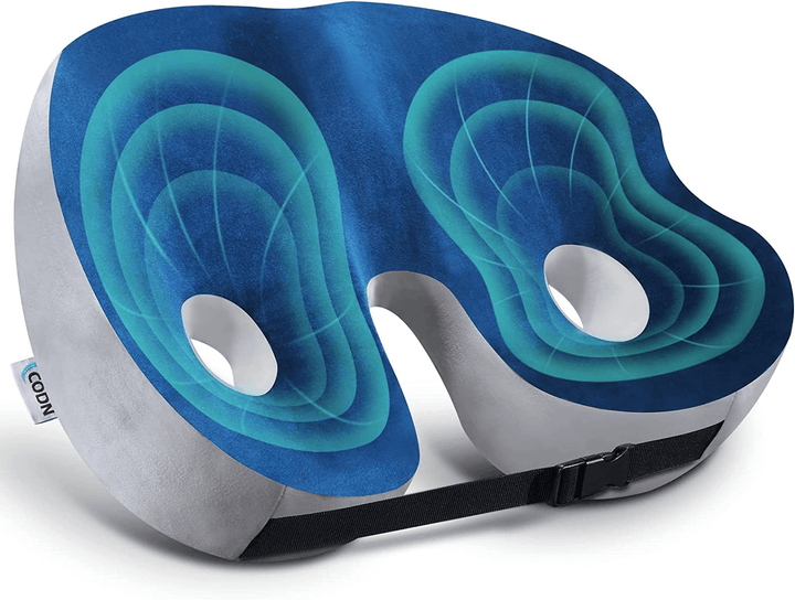 "Ergonomic memory foam sit bone relief cushion for office or car, contoured for tailbone support, adjustable firmness."