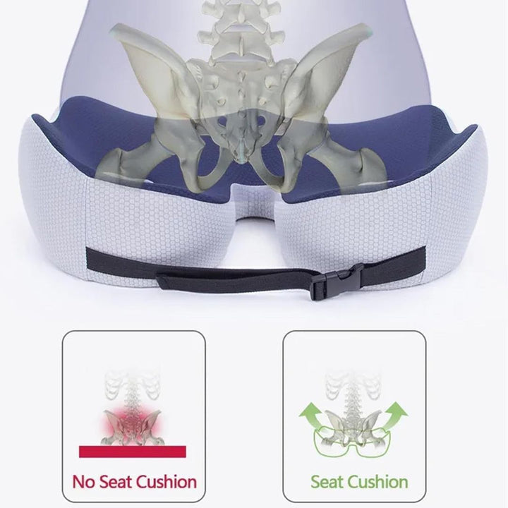 "Ergonomic memory foam sit bone relief cushion for office or car, contoured for tailbone support, adjustable firmness."