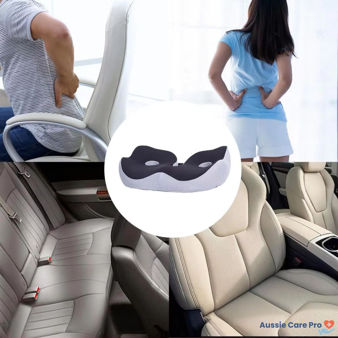 "Ergonomic memory foam sit bone relief cushion for office or car, contoured for tailbone support, adjustable firmness."