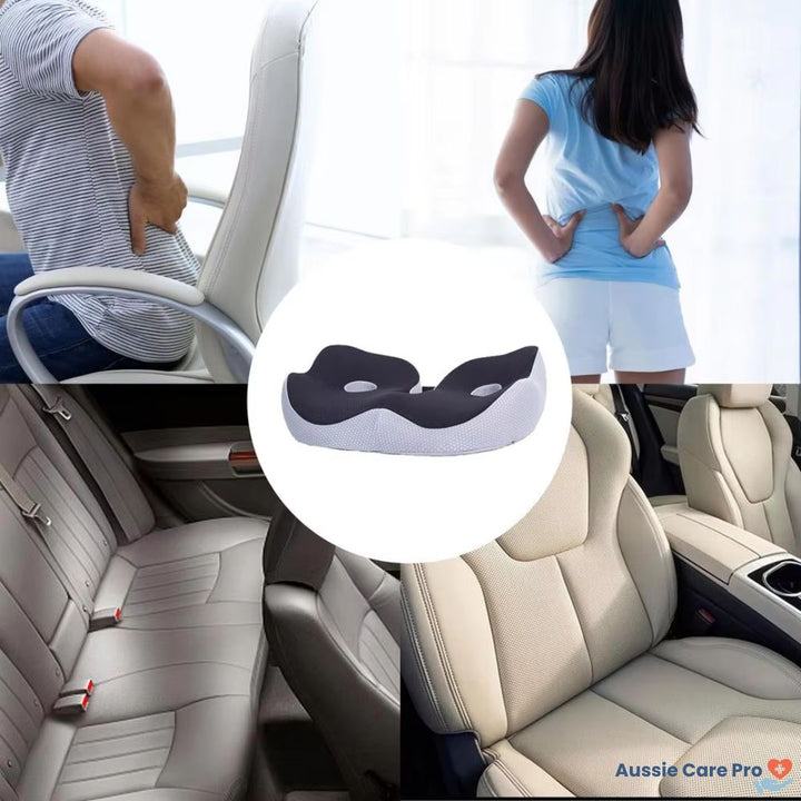 "Ergonomic memory foam sit bone relief cushion for office or car, contoured for tailbone support, adjustable firmness."