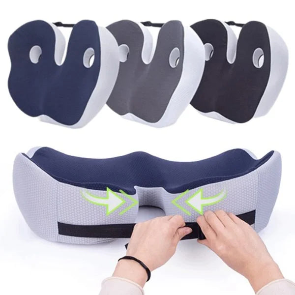 "Ergonomic memory foam sit bone relief cushion for office or car, contoured for tailbone support, adjustable firmness."