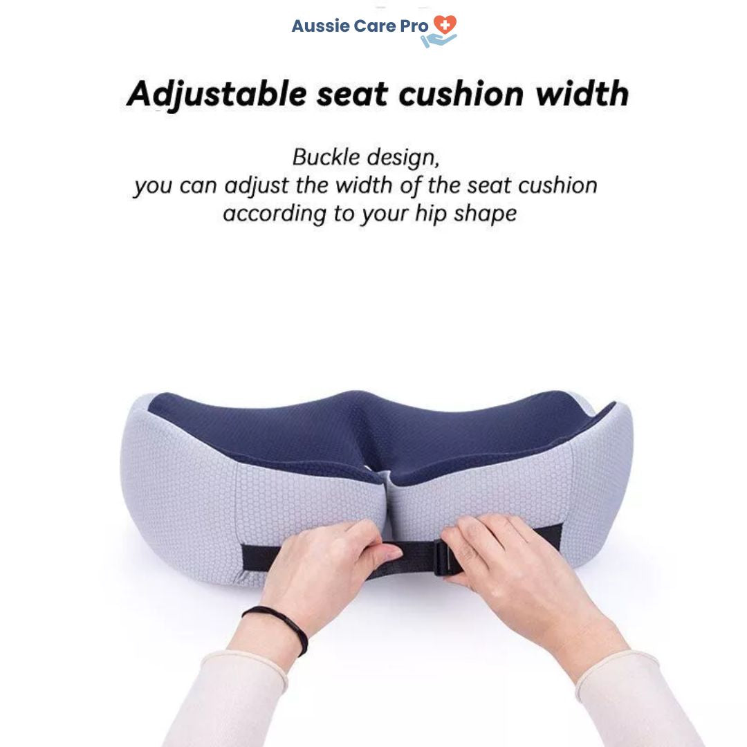 "Ergonomic memory foam sit bone relief cushion for office or car, contoured for tailbone support, adjustable firmness."