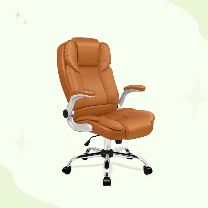"Ergonomic retractable office chair in black leather with chrome base, featuring adjustable height and armrests for comfort."