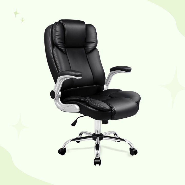 "Ergonomic retractable office chair in black leather with chrome base, featuring adjustable height and armrests for comfort."