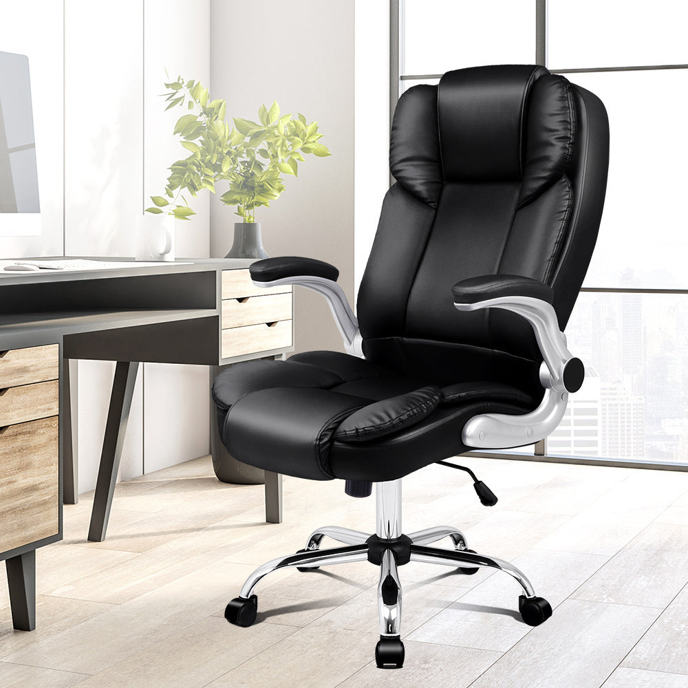"Ergonomic retractable office chair in black leather with chrome base, featuring adjustable height and armrests for comfort."