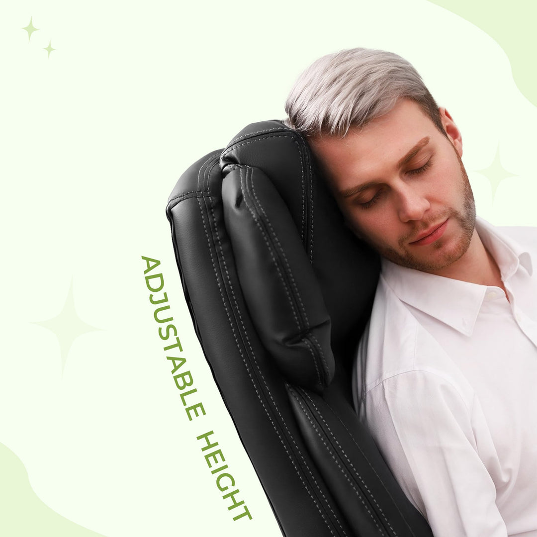 "Ergonomic retractable office chair in black leather with chrome base, featuring adjustable height and armrests for comfort."