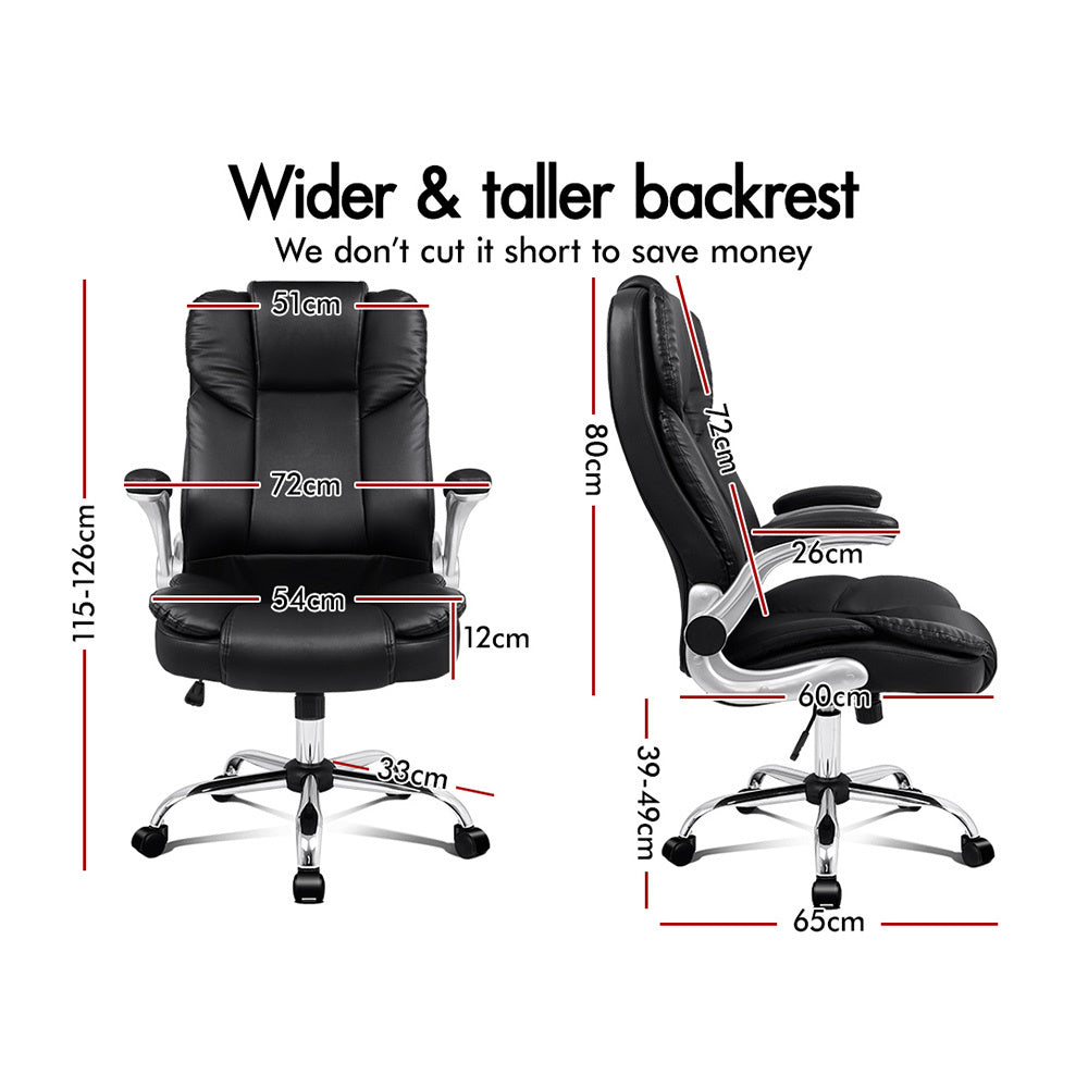 "Ergonomic retractable office chair in black leather with chrome base, featuring adjustable height and armrests for comfort."