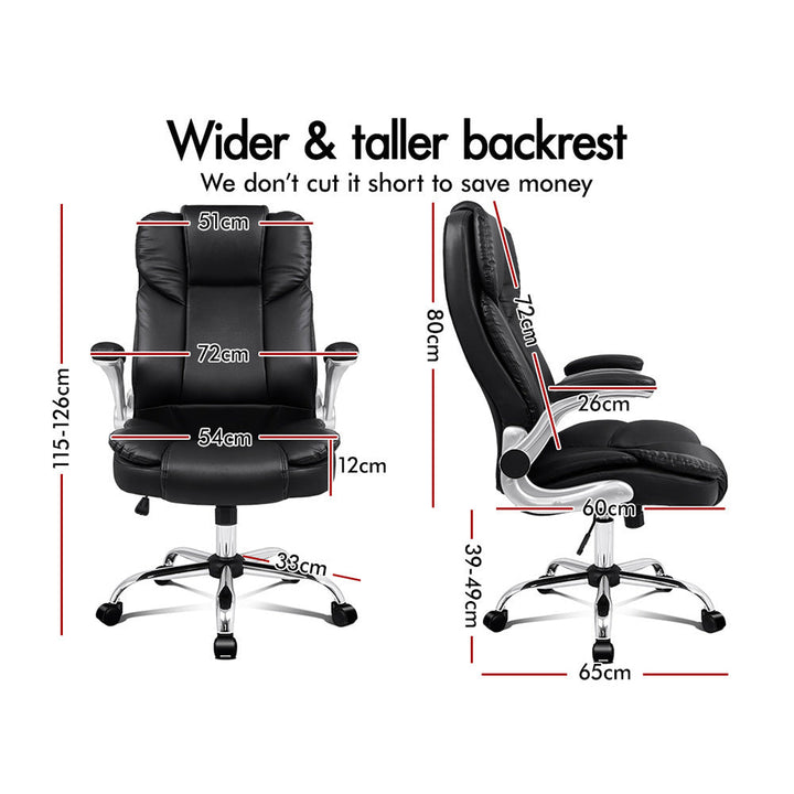 "Ergonomic retractable office chair in black leather with chrome base, featuring adjustable height and armrests for comfort."