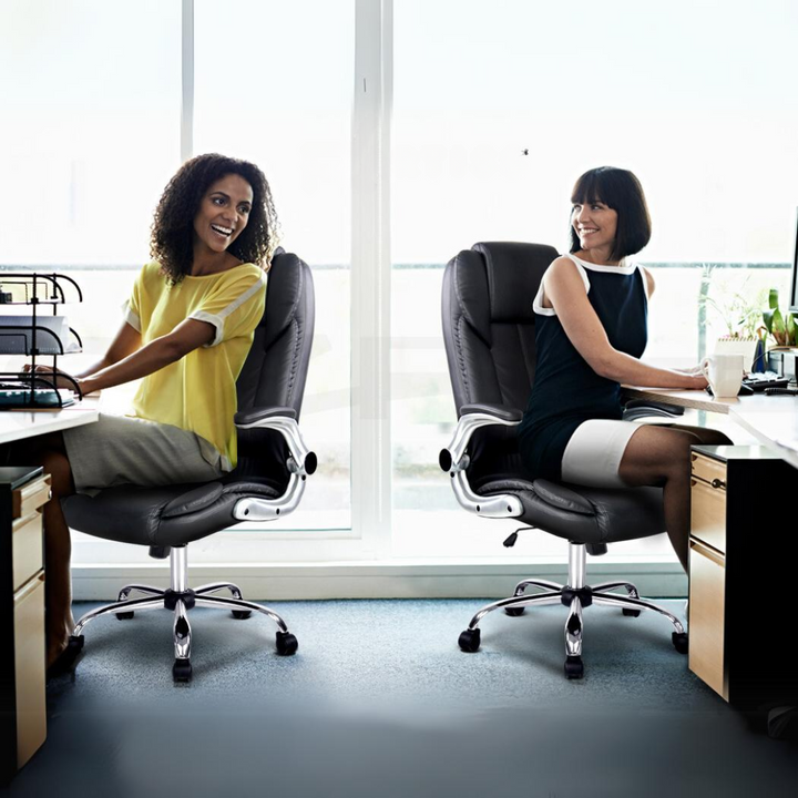 "Ergonomic retractable office chair in black leather with chrome base, featuring adjustable height and armrests for comfort."