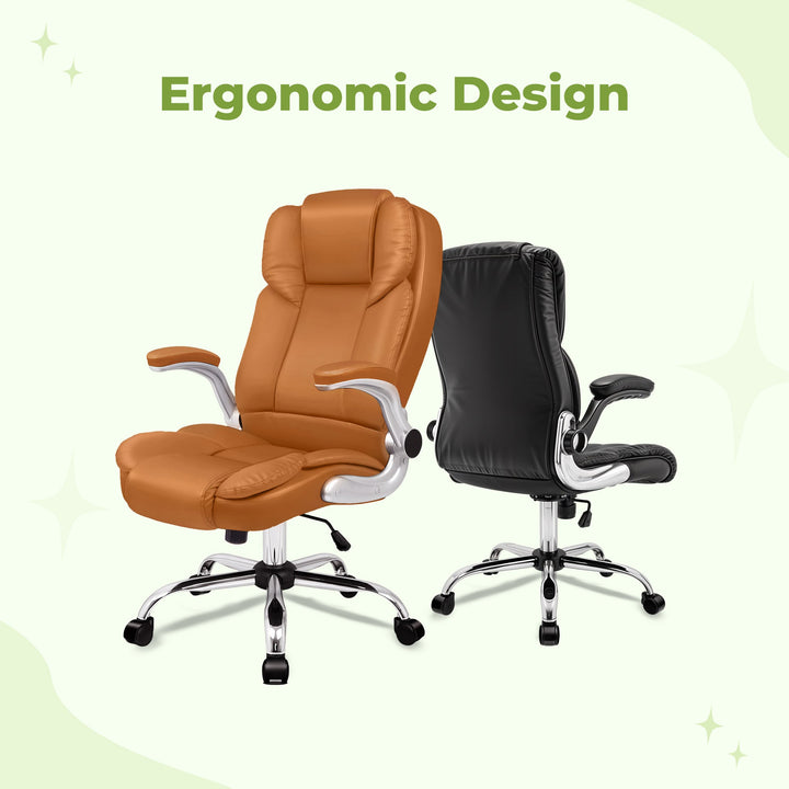 "Ergonomic retractable office chair in black leather with chrome base, featuring adjustable height and armrests for comfort."