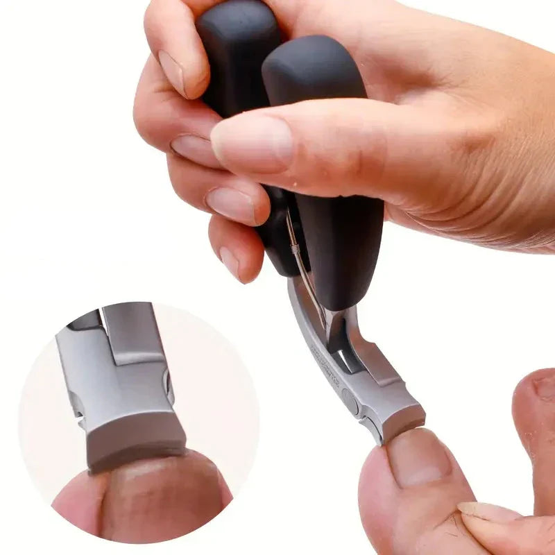 Ergonomic stainless steel nail clipper with matte black finish, precision blades, and non-slip grip for precise nail grooming