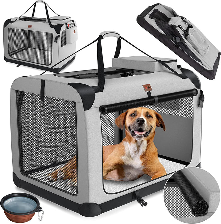 "Foldable dog carrier with breathable mesh windows, lightweight, easy access zip doors, rugged material, ideal for travel."