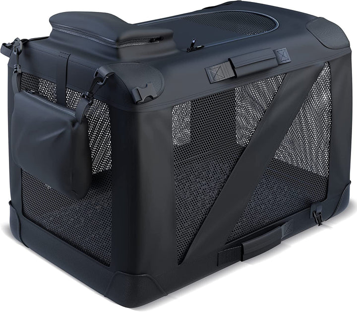 "Foldable dog carrier with breathable mesh windows, lightweight, easy access zip doors, rugged material, ideal for travel."