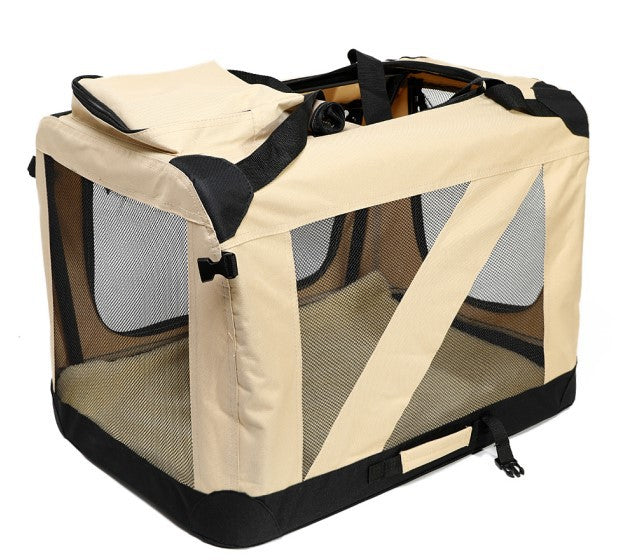 "Foldable dog carrier with breathable mesh windows, lightweight, easy access zip doors, rugged material, ideal for travel."