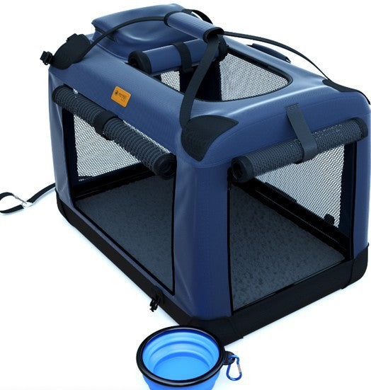 "Foldable dog carrier with breathable mesh windows, lightweight, easy access zip doors, rugged material, ideal for travel."
