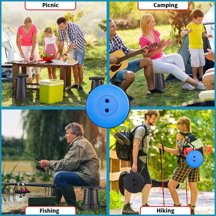 "Foldable portable stool for camping, collapsible design, adjustable height, lightweight, anti-slip base, multi-color options