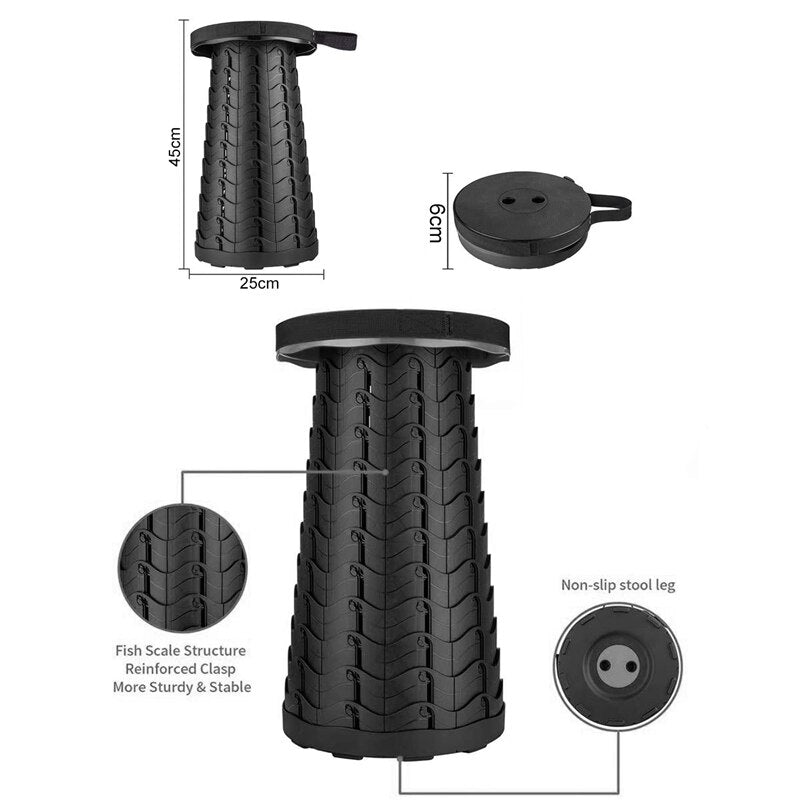 "Foldable portable stool for camping, collapsible design, adjustable height, lightweight, anti-slip base, multi-color options