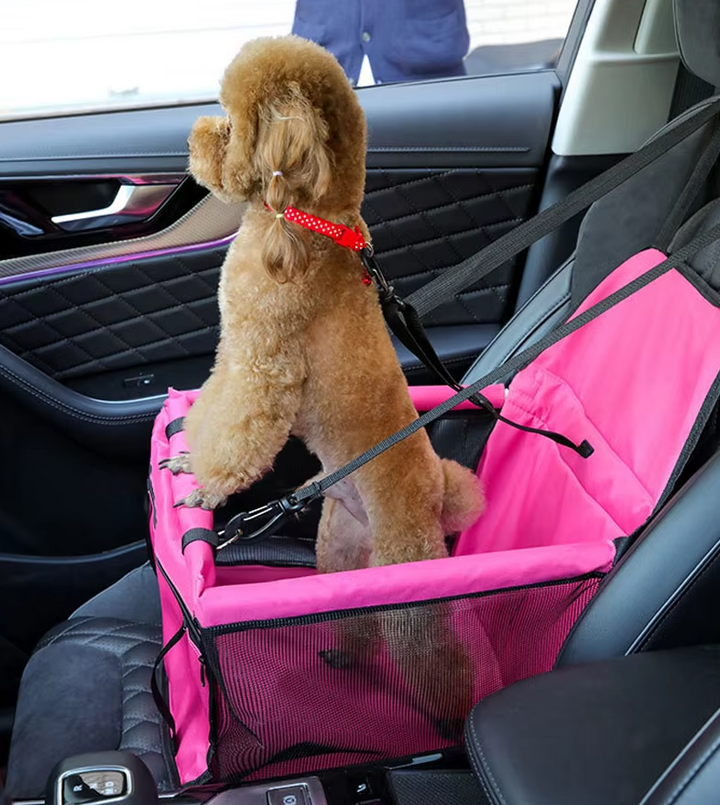 "Foldable waterproof dog car seat with safety belt, durable fabric, fits any vehicle, ensures pet comfort and travel safety."