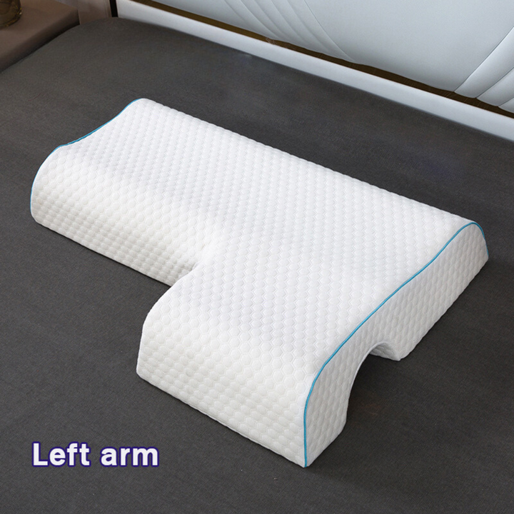 Gel-infused shoulder relief pillow with cooling foam, designed for side sleepers, showcasing unique arm pocket for comfort.