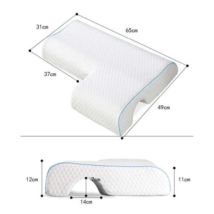 Gel-infused shoulder relief pillow with cooling foam, designed for side sleepers, showcasing unique arm pocket for comfort.