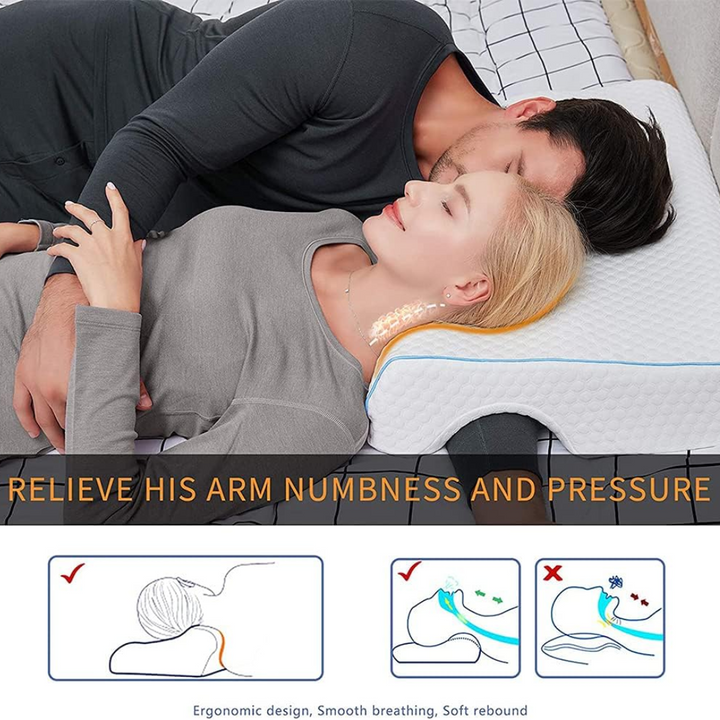 Gel-infused shoulder relief pillow with cooling foam, designed for side sleepers, showcasing unique arm pocket for comfort.
