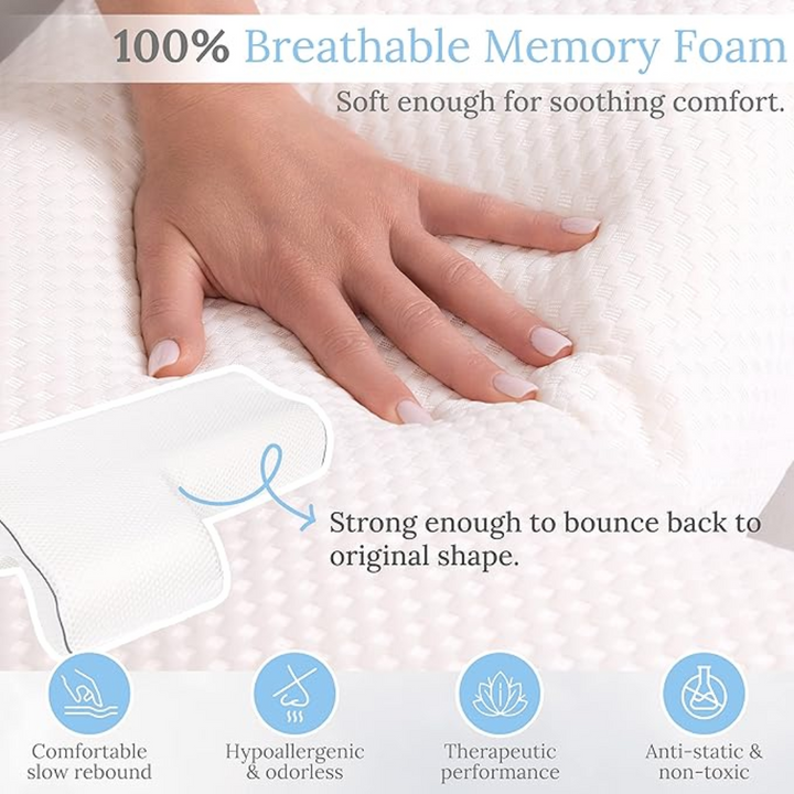 Gel-infused shoulder relief pillow with cooling foam, designed for side sleepers, showcasing unique arm pocket for comfort.