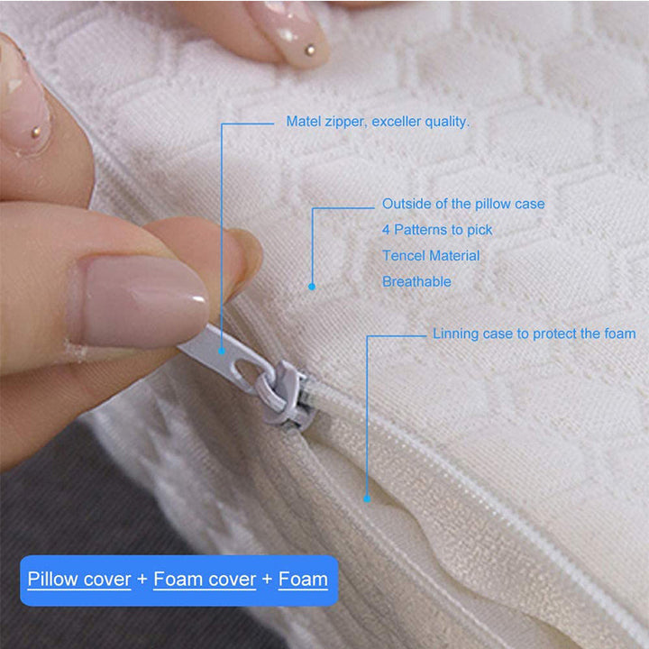 Gel-infused shoulder relief pillow with cooling foam, designed for side sleepers, showcasing unique arm pocket for comfort.