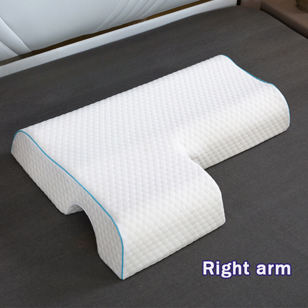 Gel-infused shoulder relief pillow with cooling foam, designed for side sleepers, showcasing unique arm pocket for comfort.