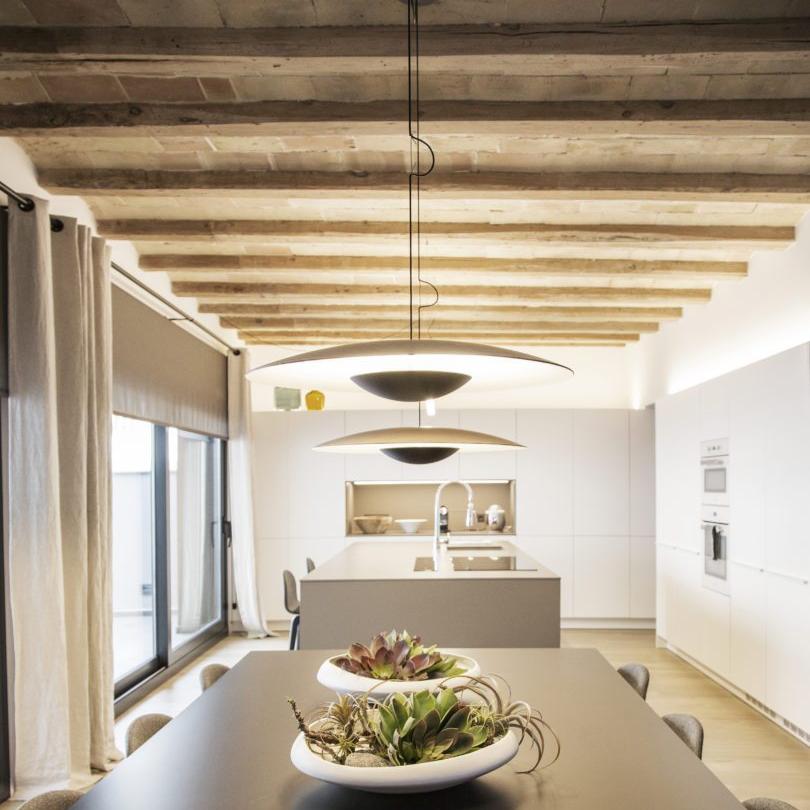 Ginger Nordic Pendant Light, metal with woodgrain and matte black finish, sleek design, ideal for modern interiors.