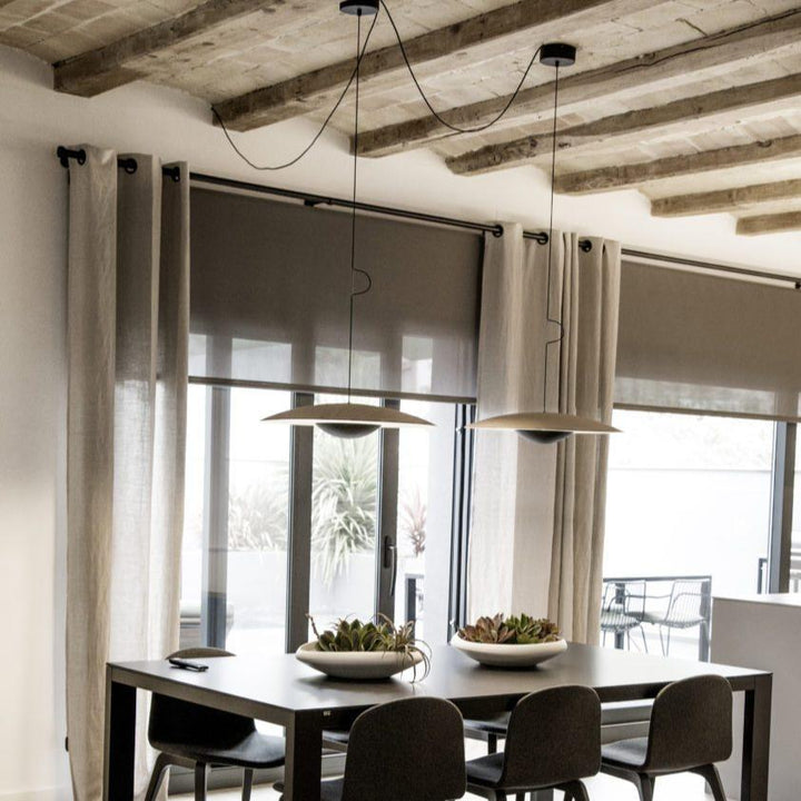 Ginger Nordic Pendant Light, metal with woodgrain and matte black finish, sleek design, ideal for modern interiors.