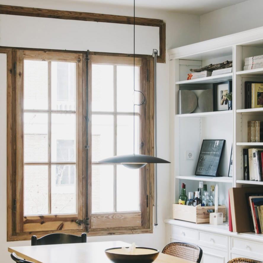 Ginger Nordic Pendant Light, metal with woodgrain and matte black finish, sleek design, ideal for modern interiors.