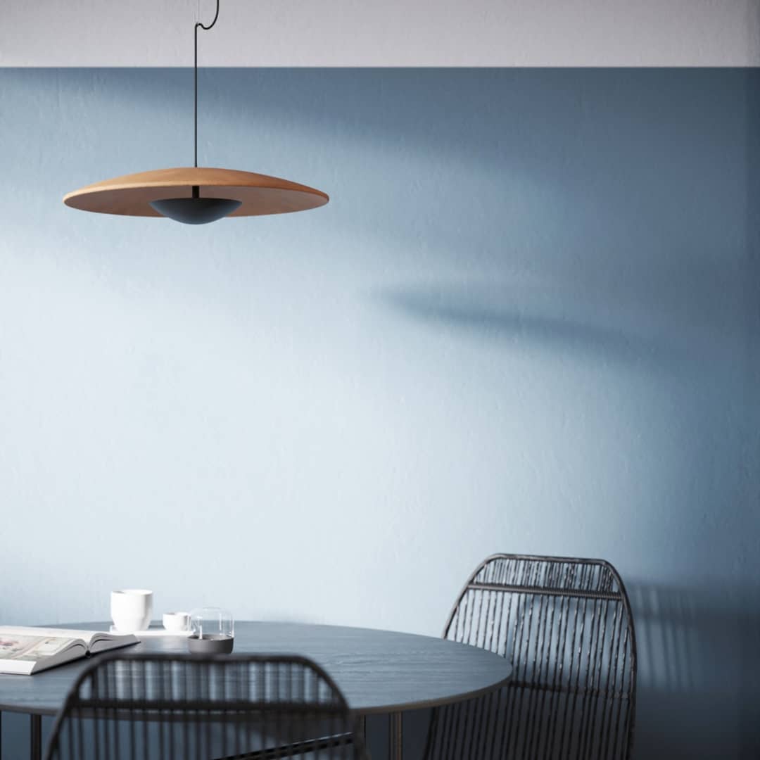 Ginger Nordic Pendant Light, metal with woodgrain and matte black finish, sleek design, ideal for modern interiors.