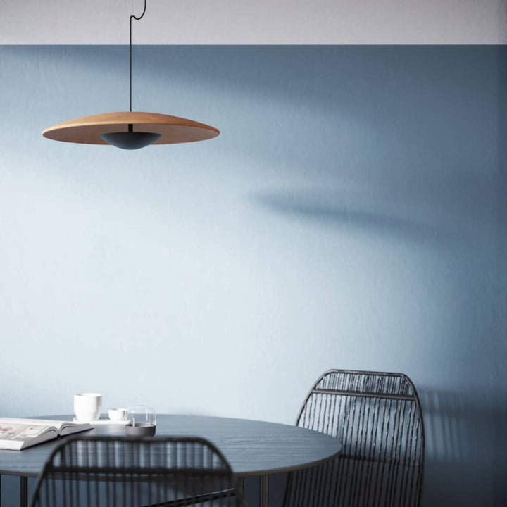 Ginger Nordic Pendant Light, metal with woodgrain and matte black finish, sleek design, ideal for modern interiors.