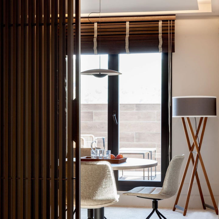 Ginger Nordic Pendant Light, metal with woodgrain and matte black finish, sleek design, ideal for modern interiors.