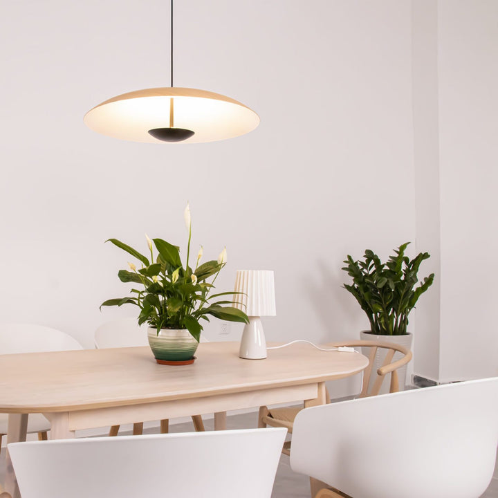 Ginger Nordic Pendant Light, metal with woodgrain and matte black finish, sleek design, ideal for modern interiors.